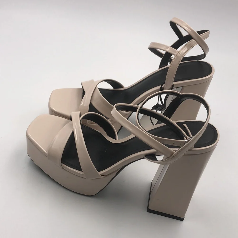 Zara Beige Patent Leather Platform High Heel Sandals